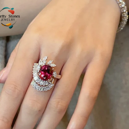 Adjustable Baguette Tear Ring Wine Red Geometric Flowers