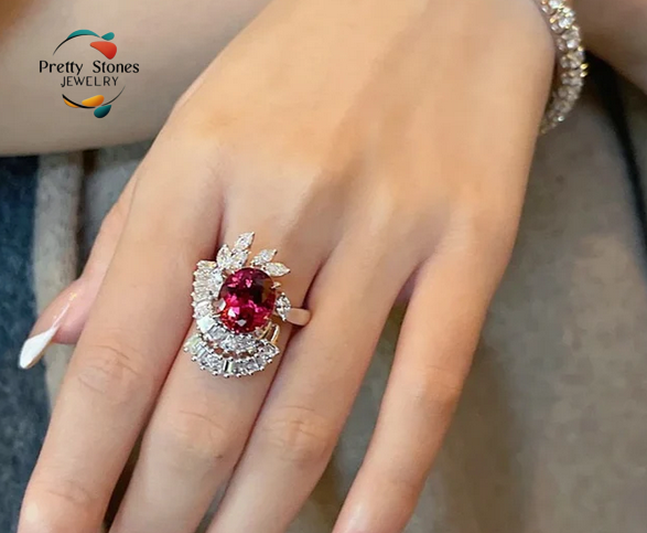 Adjustable Baguette Tear Ring Wine Red Geometric Flowers