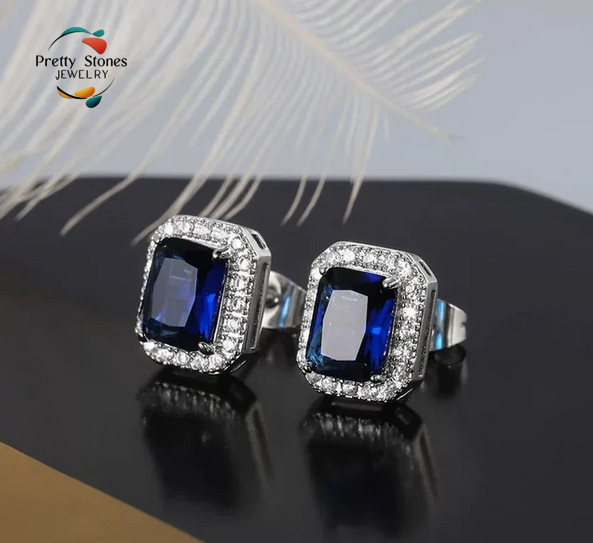 Sapphire Square Earrings - Cushion Stud Tops Pair