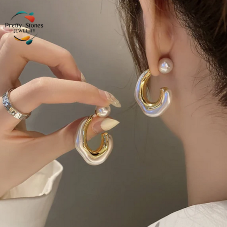 Curved Bead Tops Pair - Pearl Hoop Earrings Korean