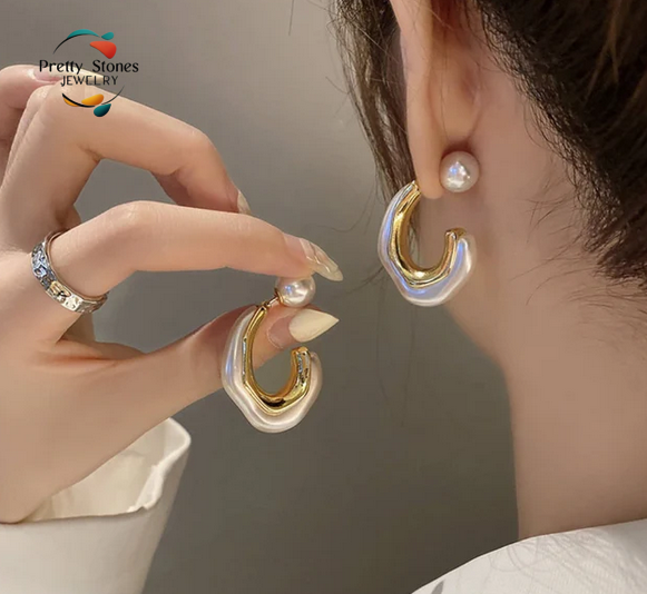 Curved Bead Tops Pair - Pearl Hoop Earrings Korean