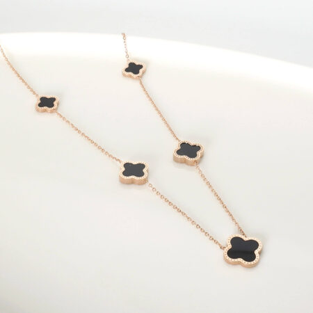 Five Flowers Black Double-sided Four Leaf Clover Necklace