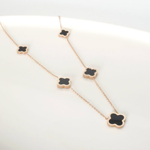 Five Flowers Black Double-sided Four Leaf Clover Necklace