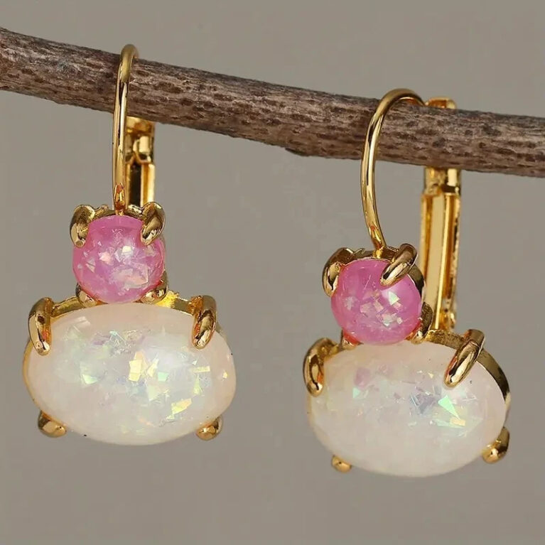 Delicate Gold Color Round White Red Stone Earrings