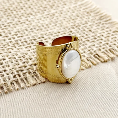 Adjustable French Style Vintage Fashion Stainless Steel Oval White Ring
