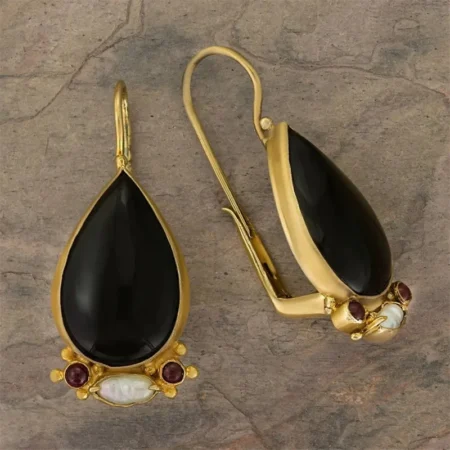Gold Color Water drop Geometry Black Stone Earrings