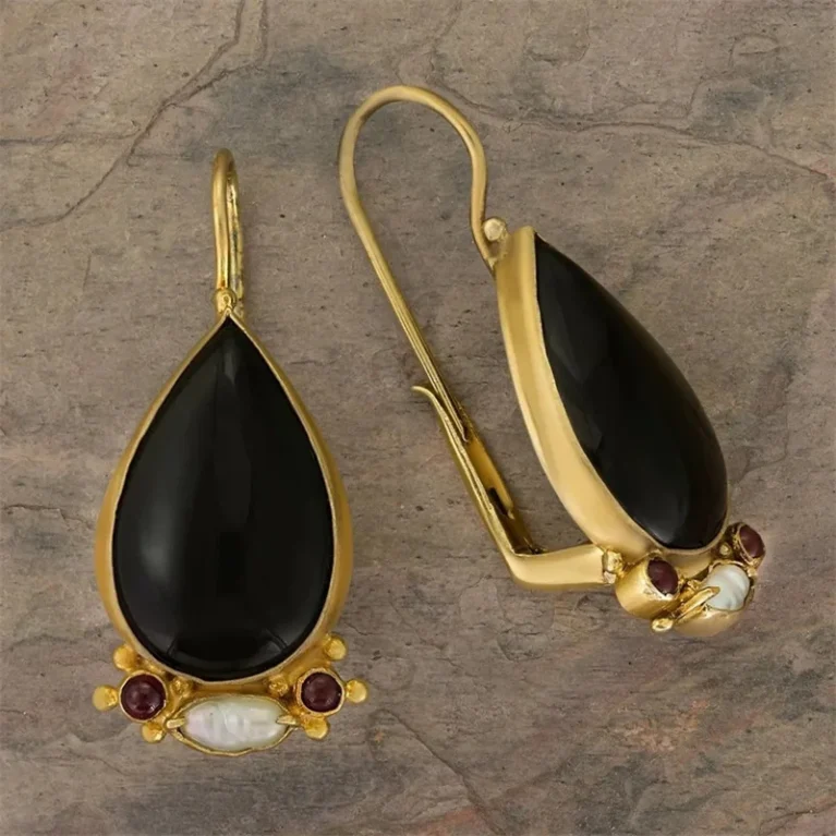 Gold Color Water drop Geometry Black Stone Earrings