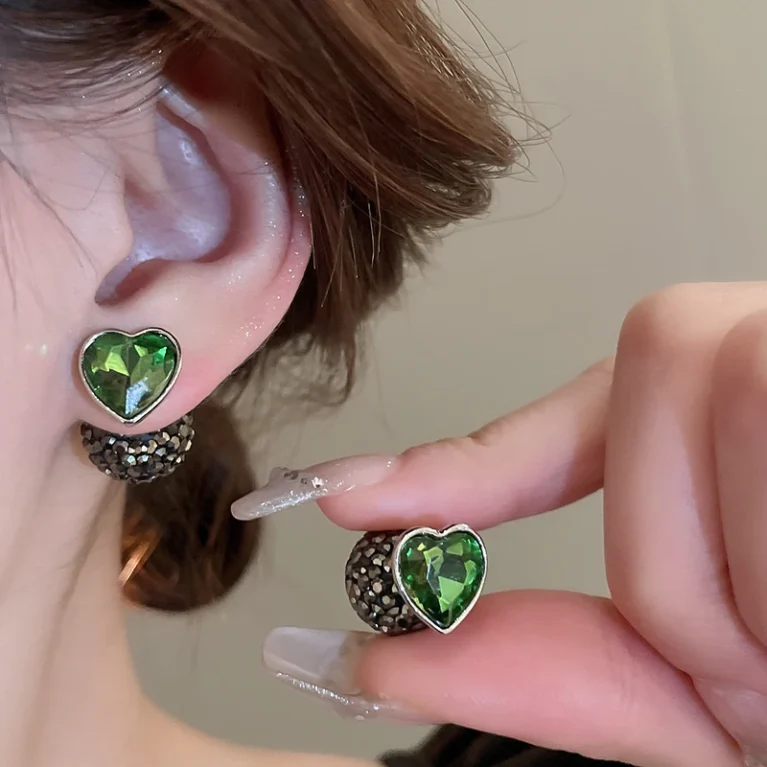 Green Ball Round Heart Earrings Full Rhinestone Stud