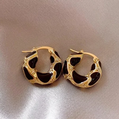 Metal Texture Black Small Hoop Earrings Gold Plated