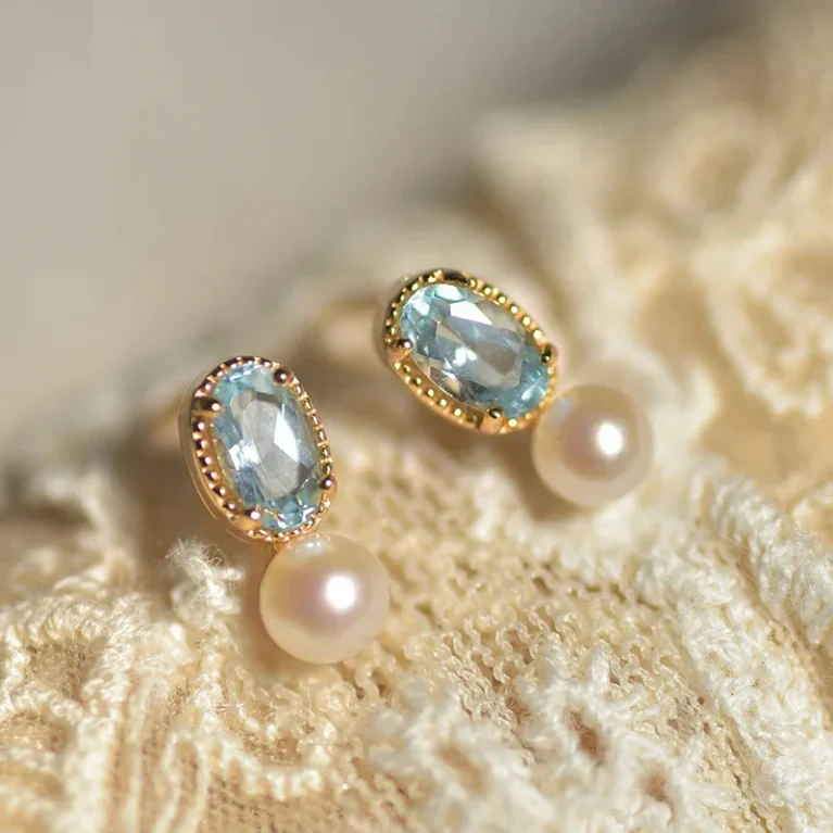 Oval Blue CZ with Imitation Pearl