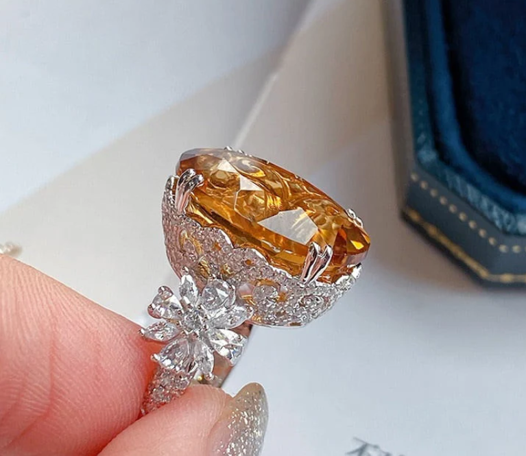 Oval/Flower Yellow Stone Adjustable Ring