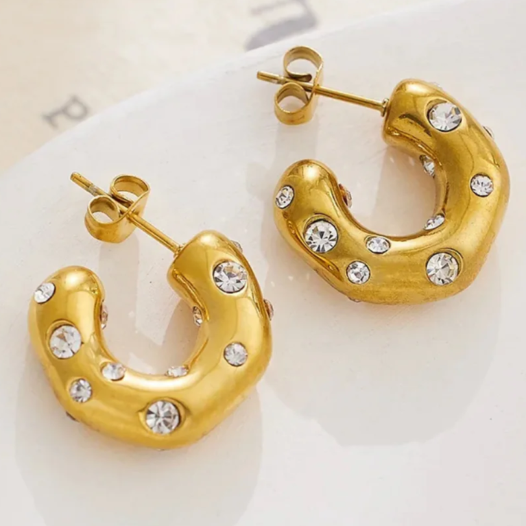 Chihang Stainless Steel 18K Gold PVD Plated Zircon C Shaped Earring