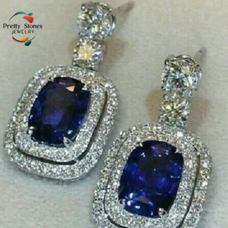 Silver Plated Blue Sapphire Drop Earrings Micro Paved Crystal