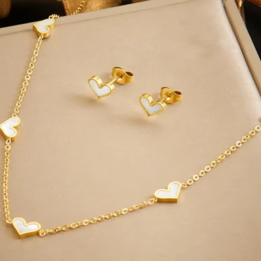 Stainless Steel Love shaped white seashells Necklace Earrings
