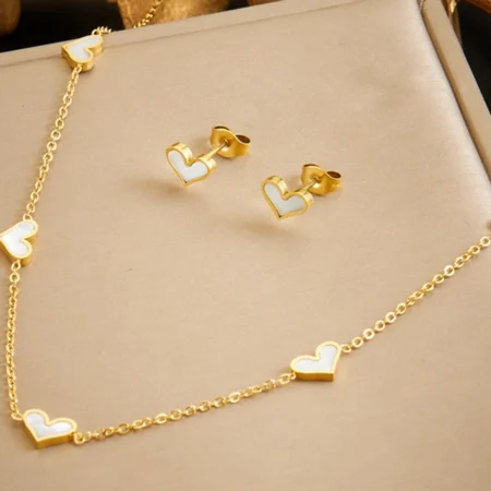 Stainless Steel Love shaped white seashells Necklace Earrings