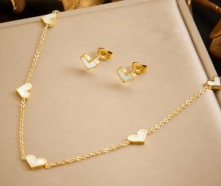 Stainless Steel Love shaped white seashells Necklace Earrings