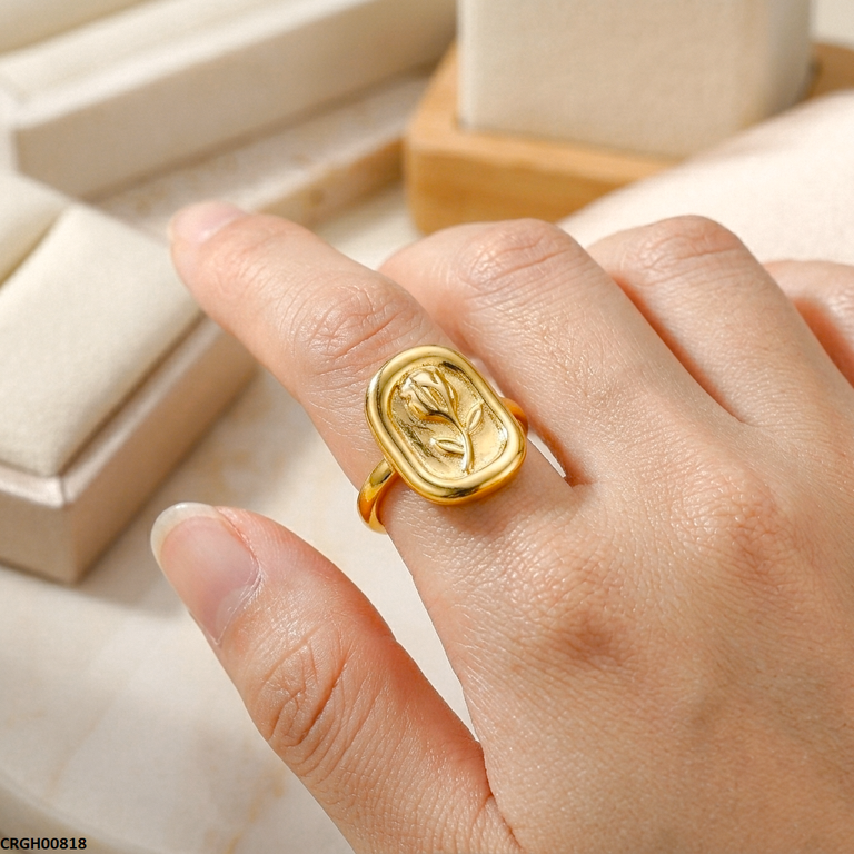 Stainless Steel Printed Rose Flower Ring Adjustable - CRGH