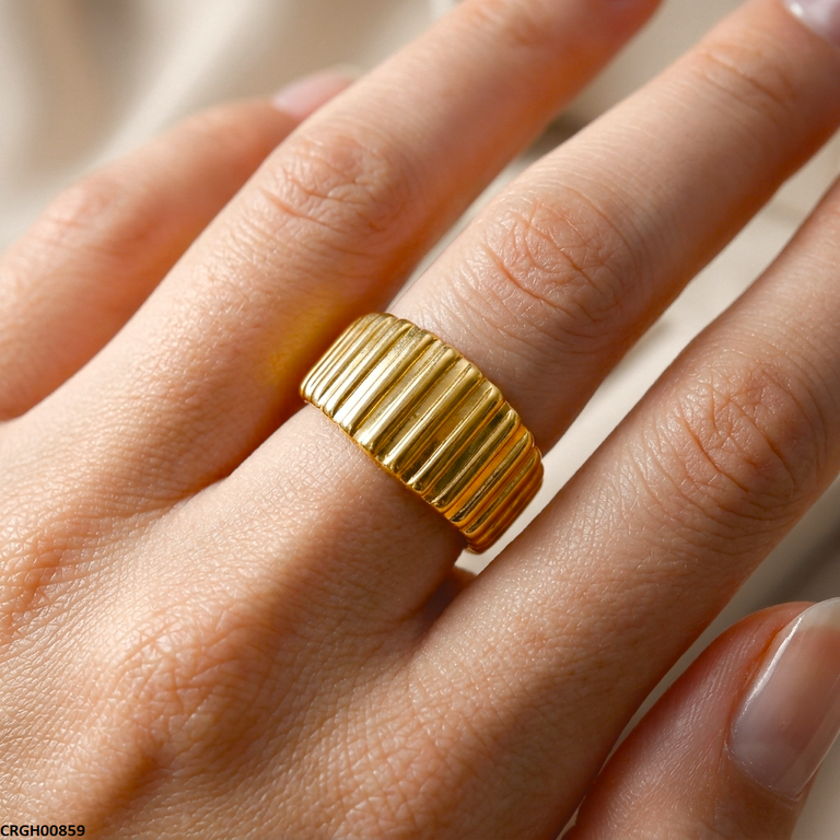 Gold Fulted Ribbed Stainless Steel Ring Adjustable - CRGH